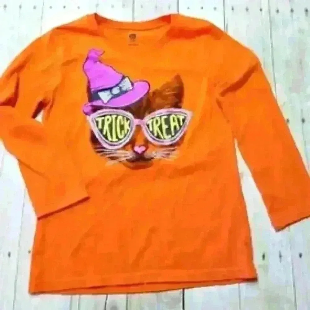 Girls HALLOWEEN Kitty ORANGE with Glitter accents LONG SLEEVE size XL